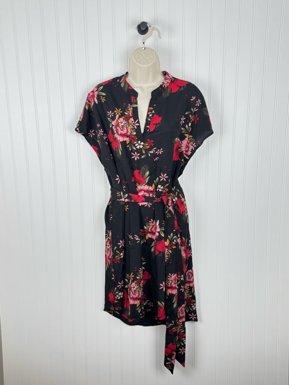 Black Floral Belted Mini Dress 2XL Boho Short Sleeve Tie Waist NWOT